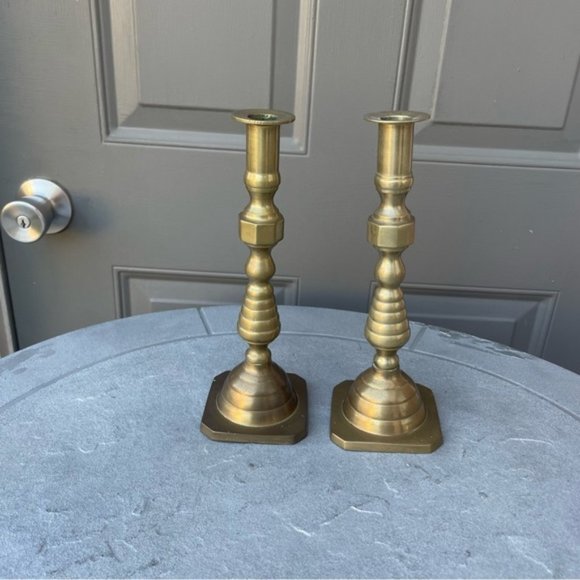 Pair of Antique Beehives Brass Candlesticks